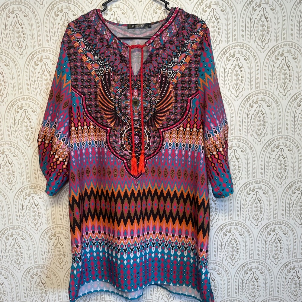 Urban Coco Tunic Dress Women XL Colorful Geometric Print V‎ Neck Tassel